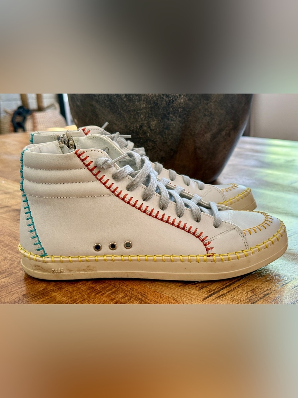 Women’s P448 White High-Top Sneakers with Colorful Stitching